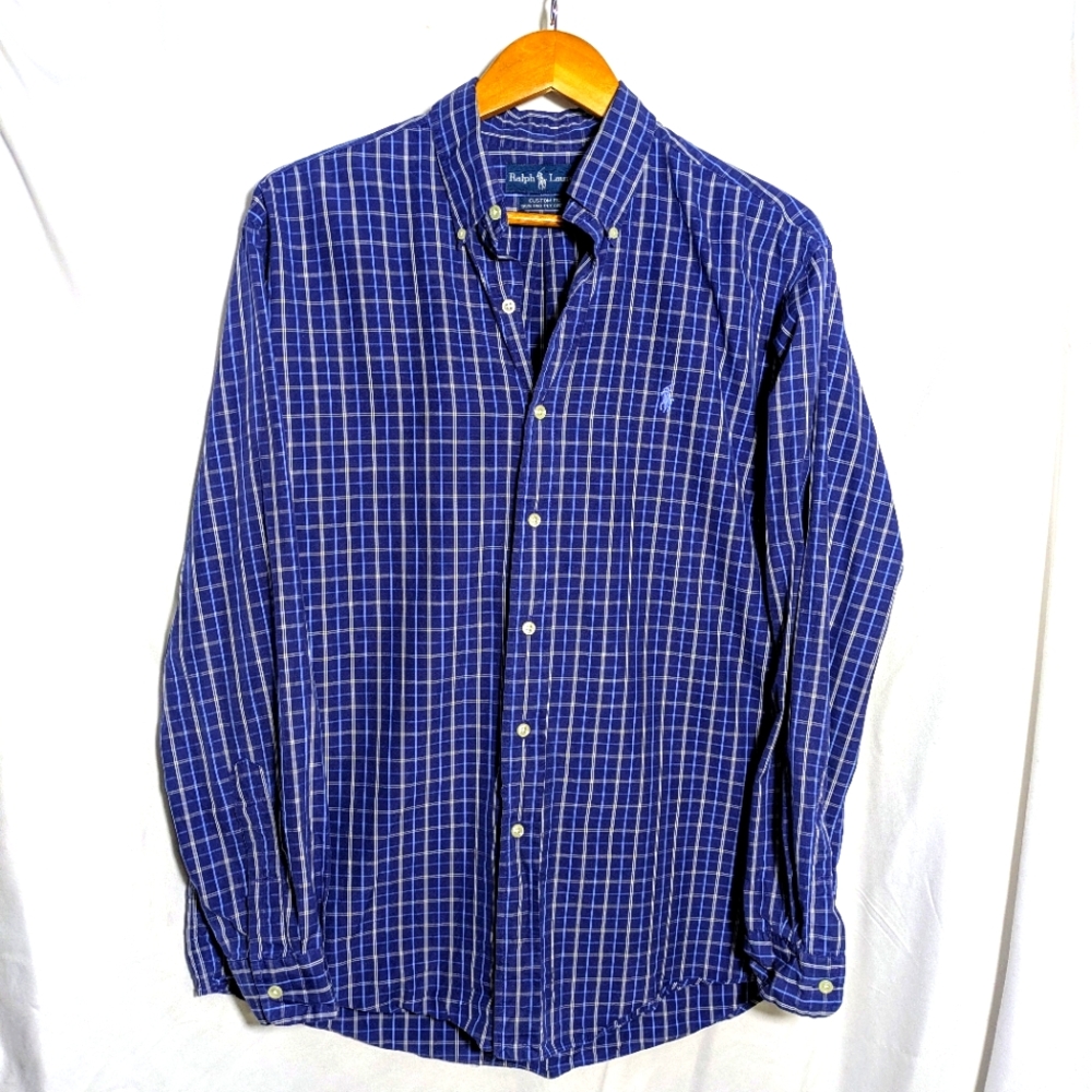 Ralph Lauren Custom Fit Dark Blue Plaid Button Down Longsleeve Cottton Shirt | L